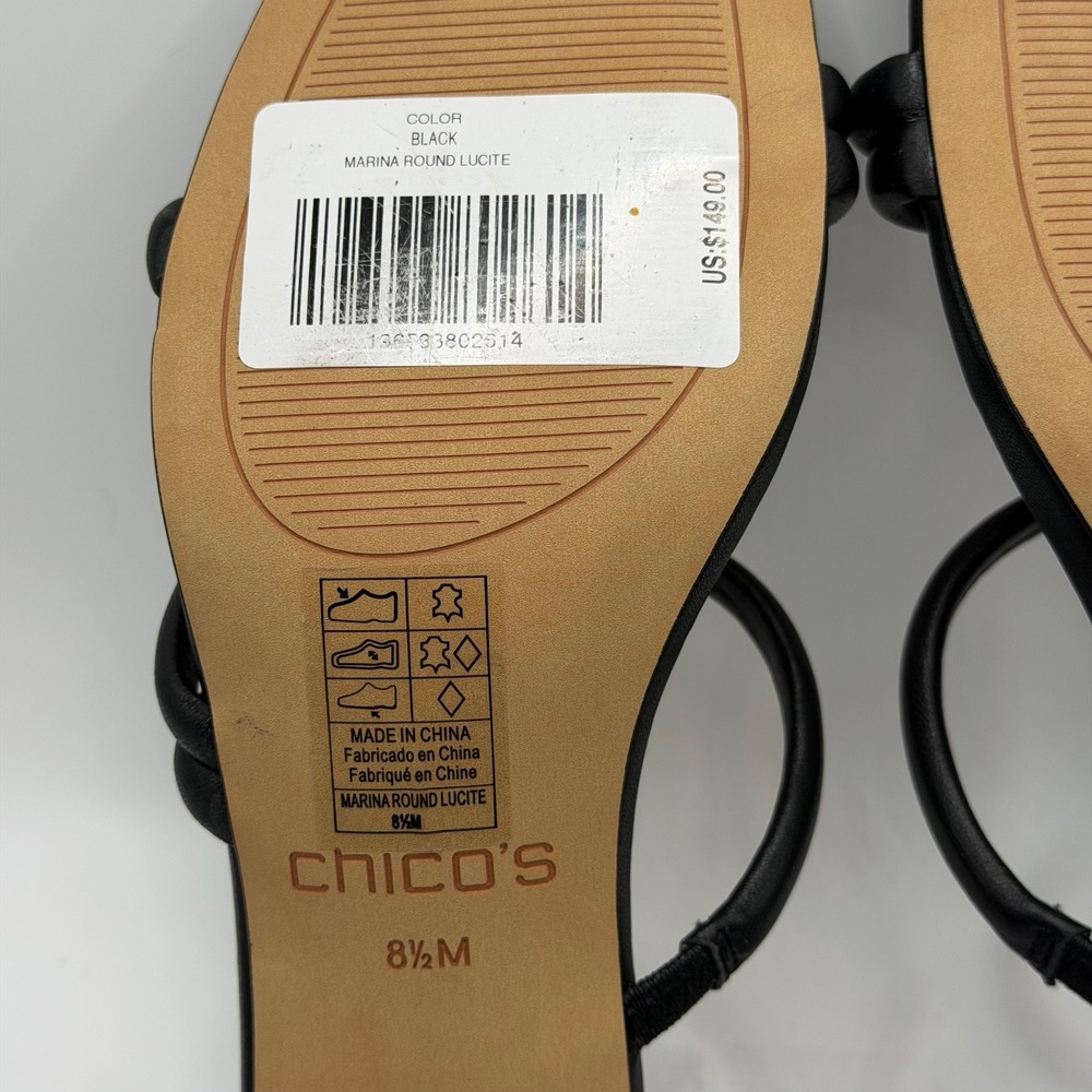 Chicos Marina Round Lucite Sandals Black Leather Triple Strap Block Heel 8.5 - Picture 9 of 10